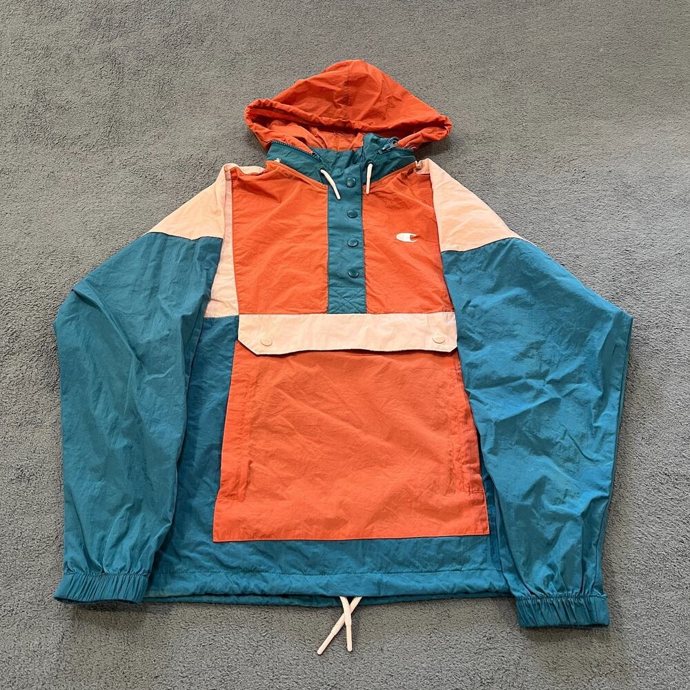 Champion Life Teal Orange Pullover Windbreaker 1/2 Snap Anorak Men's Size Small